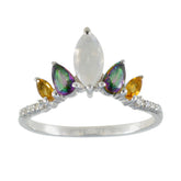 Ayesha multicolor gemstone crown ring with marquise moonstone center green and yellow pear stones on silver band